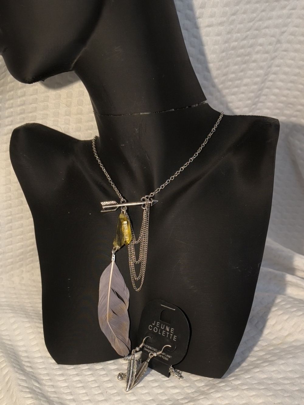 Silver Arrow Necklace with Yellow Accent and Feather And Earrings